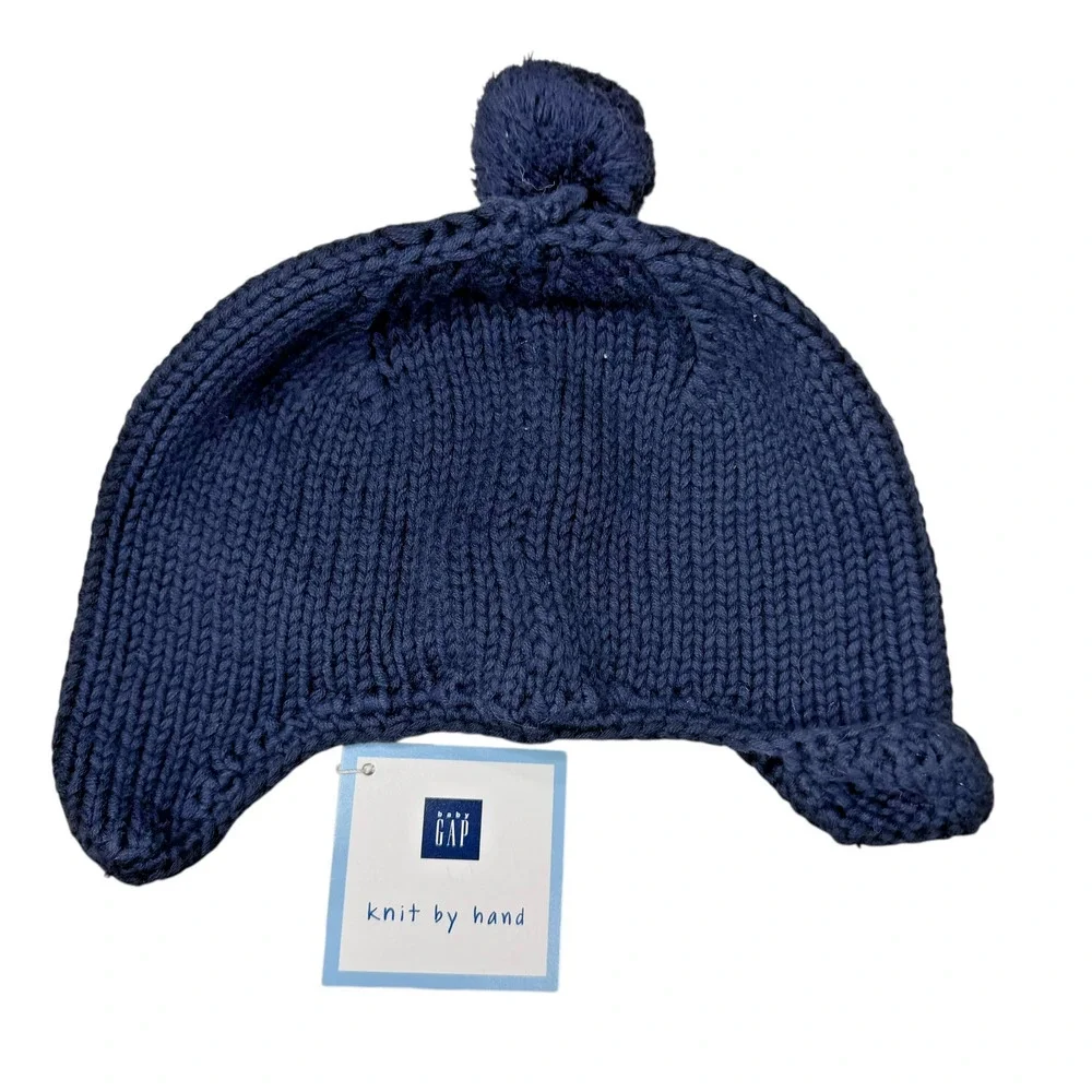 Vintage‎ 1999 Baby GAP Knit Hat 6–12M Navy Gingerbread Pom Beanie Handmade NEW